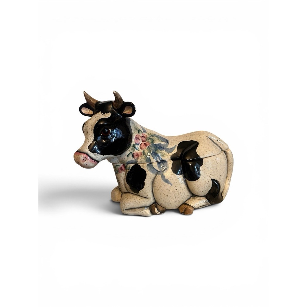 Vintage Ceramic Rare 2 Piece Cow Cookie Jar Hand Painted